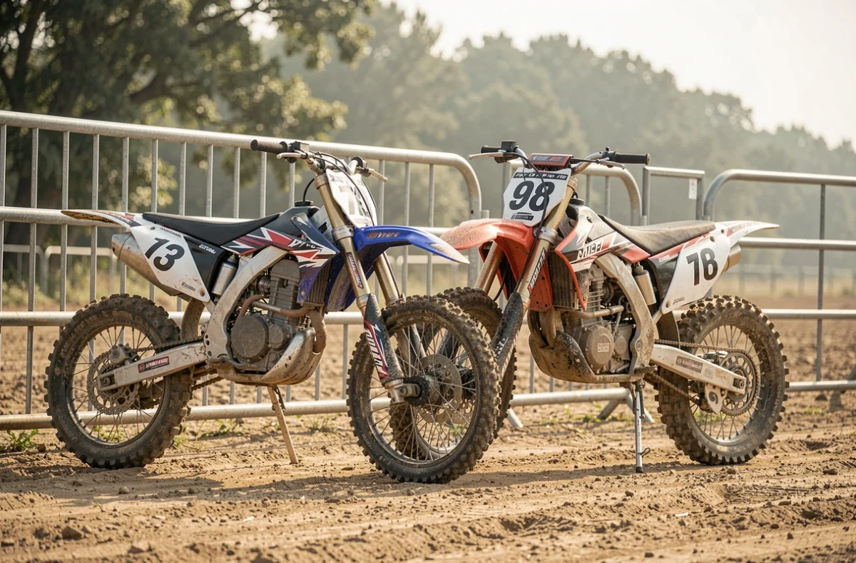 Deux motos cross garées côte à côte sur un circuit, illustrant les garanties et tarifs de l'assurance moto cross