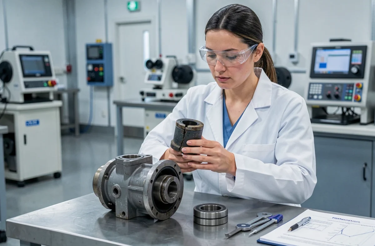 Ingénieure hydraulique comparant un joint SPI usé et neuf lors de l'entretien d'une pompe hydraulique