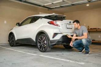 Homme mesurant la longueur d'une Toyota C-HR avec un mètre ruban dans un garage résidentiel pour vérifier si le véhicule rentre dans l'espace disponible