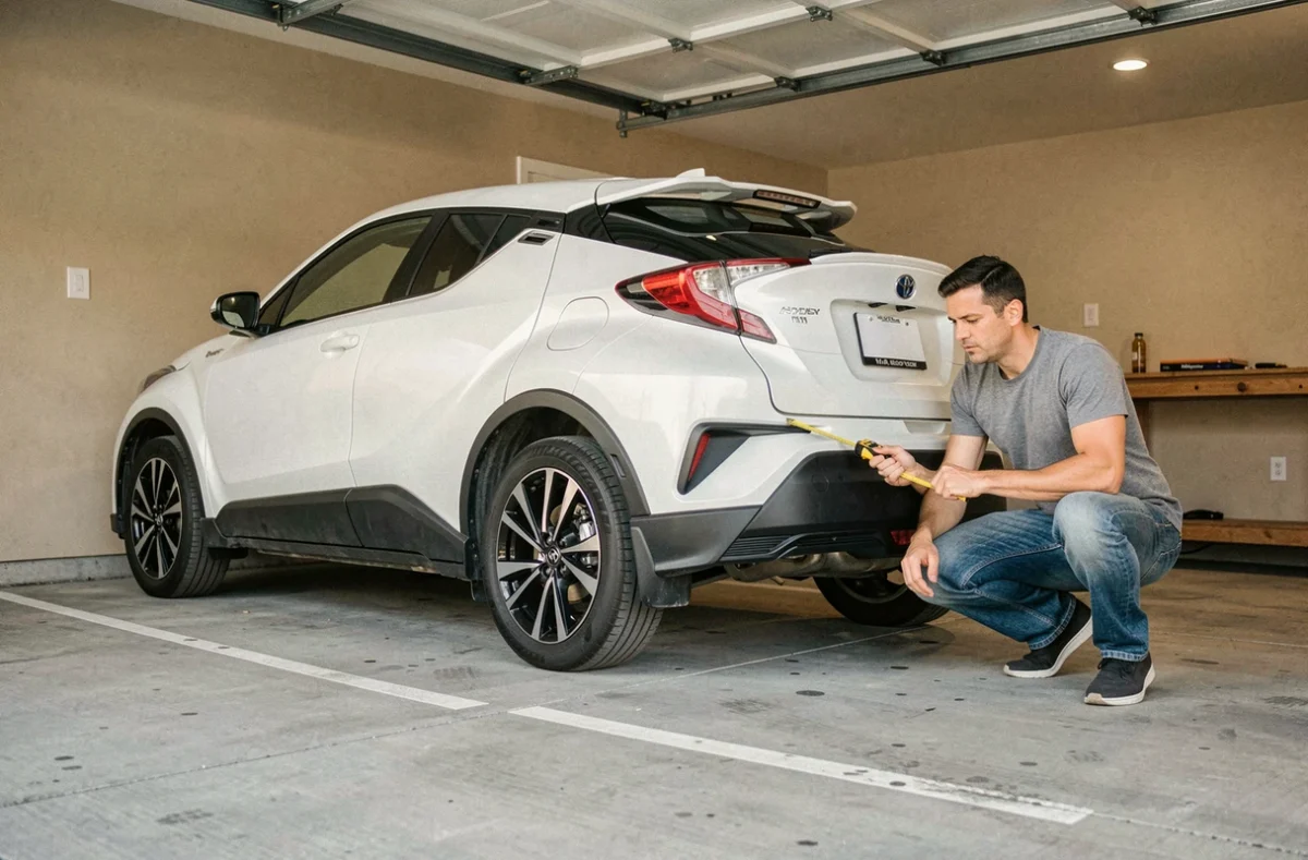 Homme mesurant la longueur d'une Toyota C-HR avec un mètre ruban dans un garage résidentiel pour vérifier si le véhicule rentre dans l'espace disponible