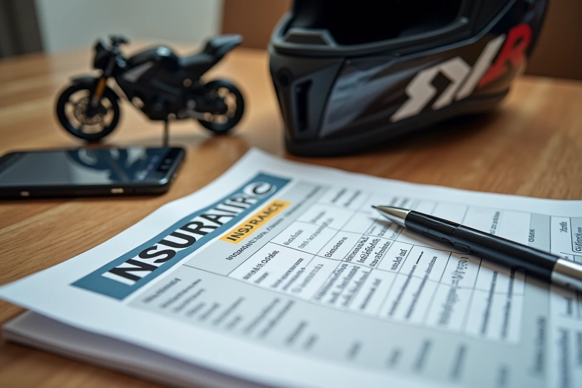 Documents d'assurance moto GSX-R 750 posés sur un bureau en bois avec casque et smartphone