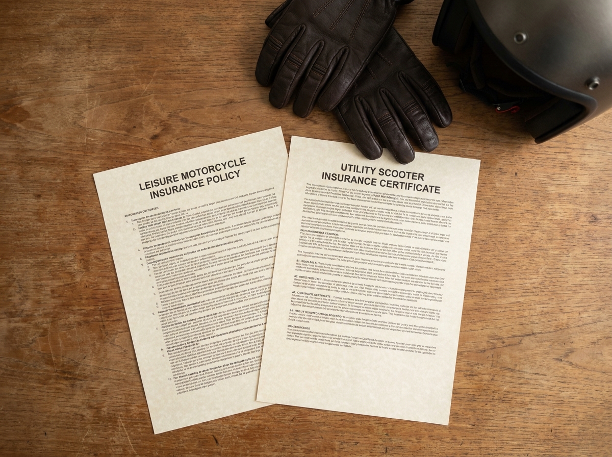 Documents d'assurance moto et scooter posés sur un bureau en bois avec des gants de conduite, comparaison des contrats d'assurance deux-roues