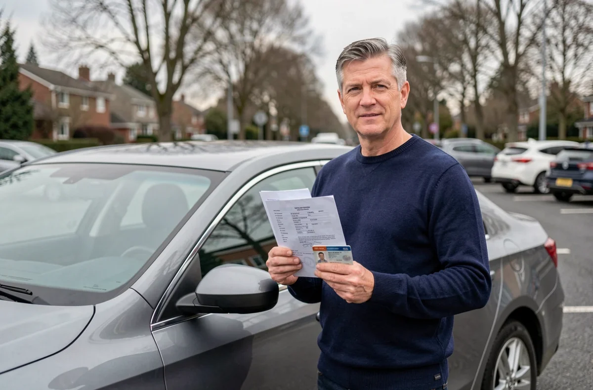Homme tenant des documents nécessaires au changement d'assurance auto devant sa voiture