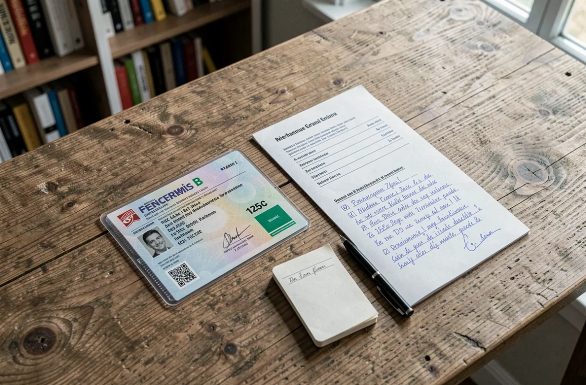 Vue de dessus d'un permis B français, d'une carte grise de moto 125cc et d'un bloc-notes avec annotations sur un bureau en bois, représentant les démarches administratives liées au permis 125 avec permis B 1998