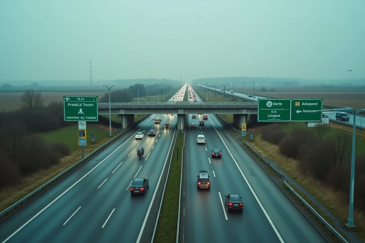 Vue grand angle d'un échangeur autoroutier français avec panneaux directionnels verts, bretelles d'accès et paysage agricole typique de la France
