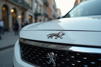 Gros plan sur l'emblème lion de Peugeot en chrome poli sur le capot d'un véhicule moderne, symbole du repositionnement haut de gamme de la marque