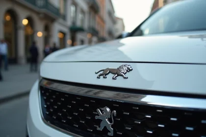 Gros plan sur l'emblème lion de Peugeot en chrome poli sur le capot d'un véhicule moderne, symbole du repositionnement haut de gamme de la marque