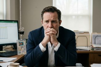 Homme d'affaires stressé assis à son bureau avec un permis de conduire suspendu et des documents administratifs, illustrant la gestion d'une suspension de permis en milieu professionnel