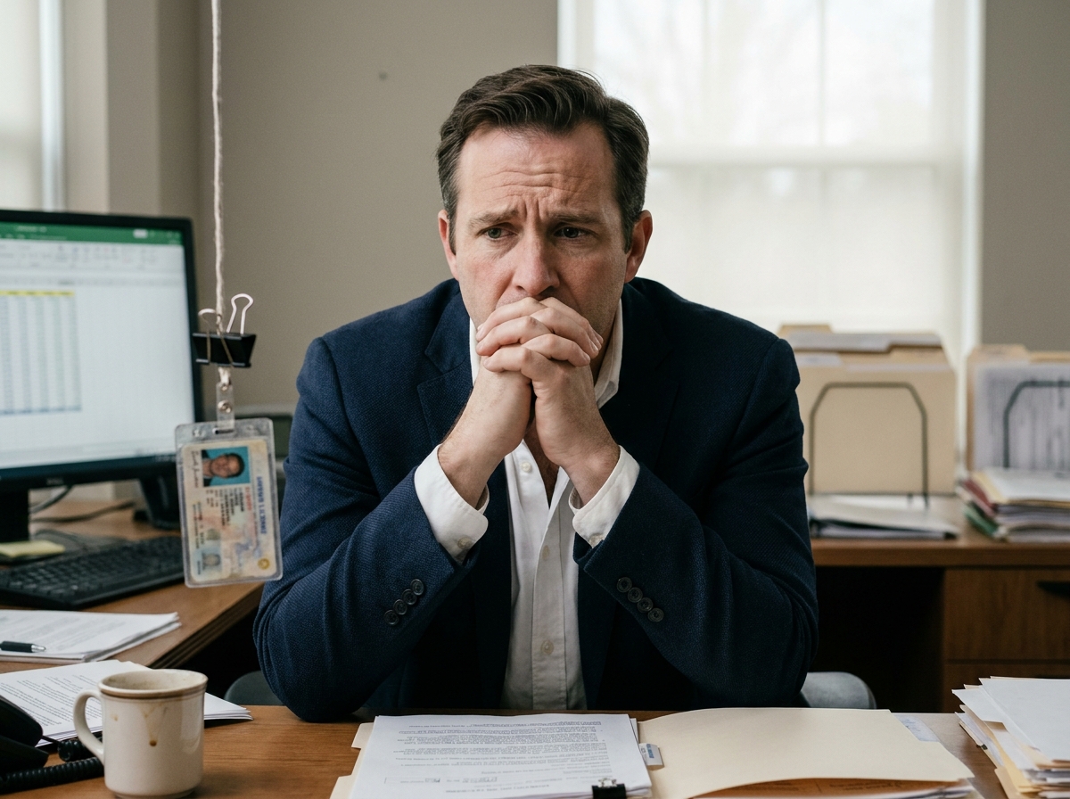 Homme d'affaires stressé assis à son bureau avec un permis de conduire suspendu et des documents administratifs, illustrant la gestion d'une suspension de permis en milieu professionnel