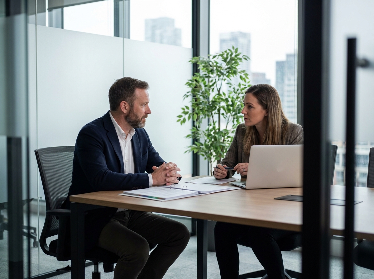 Employé en entretien avec un responsable des ressources humaines pour discuter de solutions professionnelles face à une suspension de permis de conduire