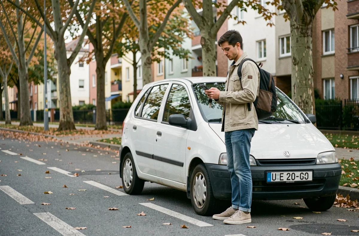 Jeune étudiant tenant ses clés de voiture et cherchant une assurance auto économique sur son téléphone
