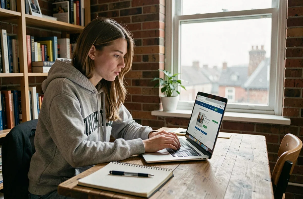 Étudiante comparant des offres d'assurance auto pas chère sur son ordinateur portable dans un appartement universitaire