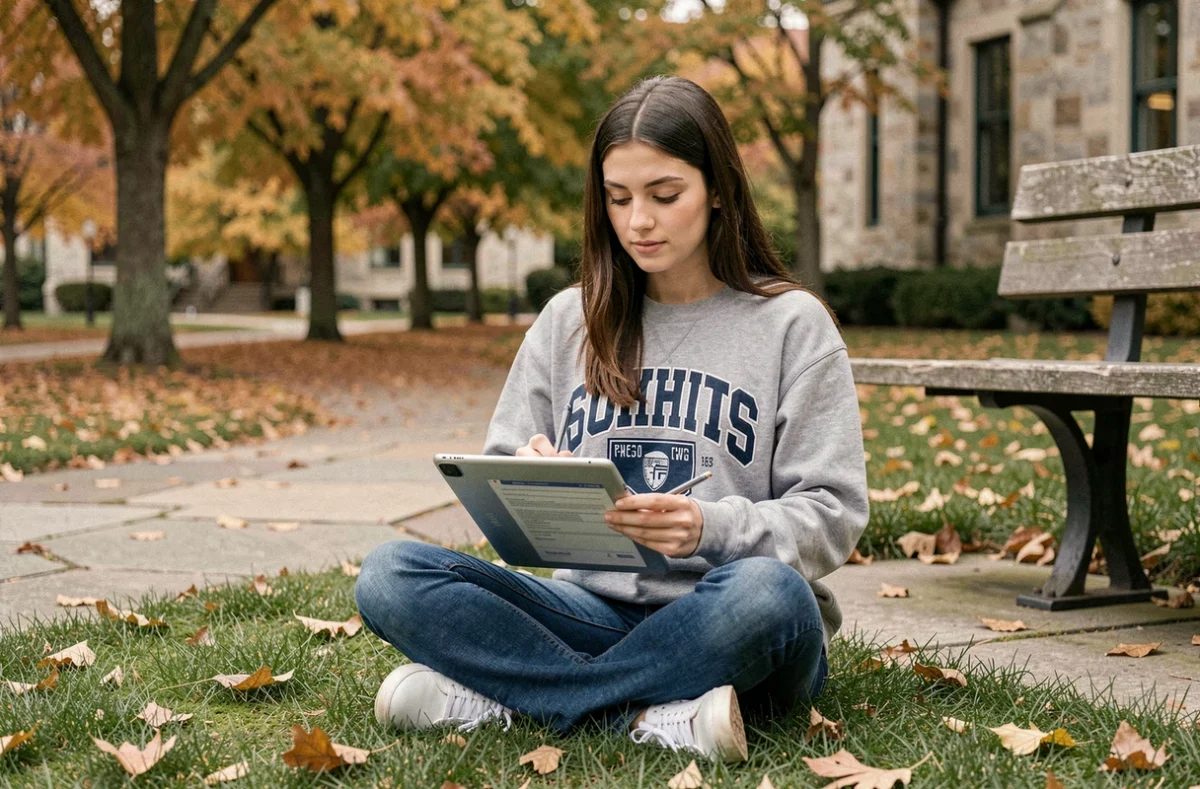Étudiante remplissant un formulaire d'assurance auto sur tablette assise sur le campus universitaire en automne