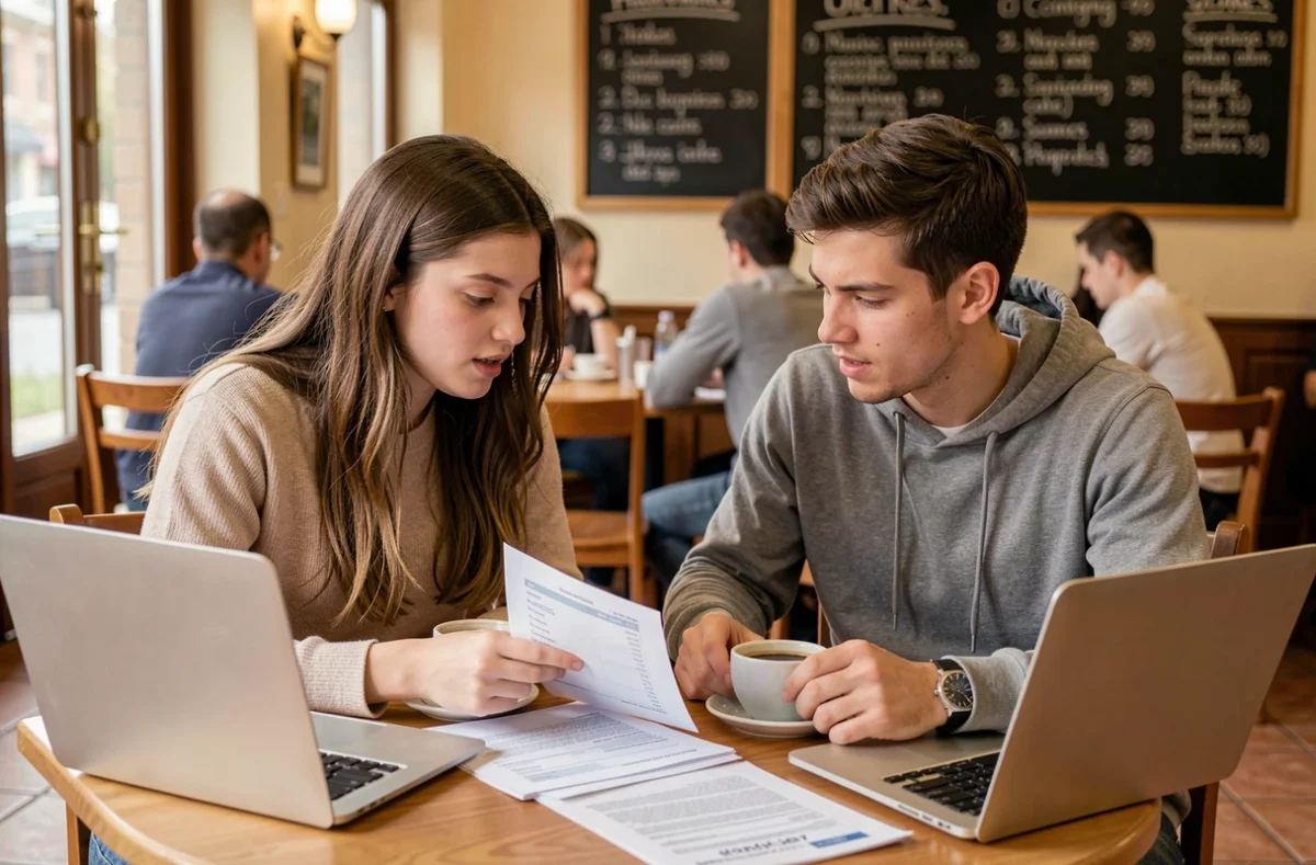 Deux étudiants comparant des devis d'assurance auto dans un café avec des documents et des ordinateurs portables