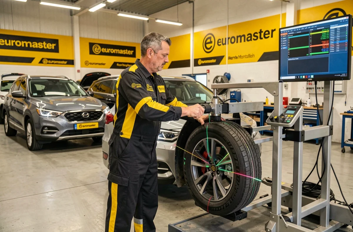 Technicien Euromaster effectuant un parallélisme sur un SUV dans le centre Euromaster de Montpellier
