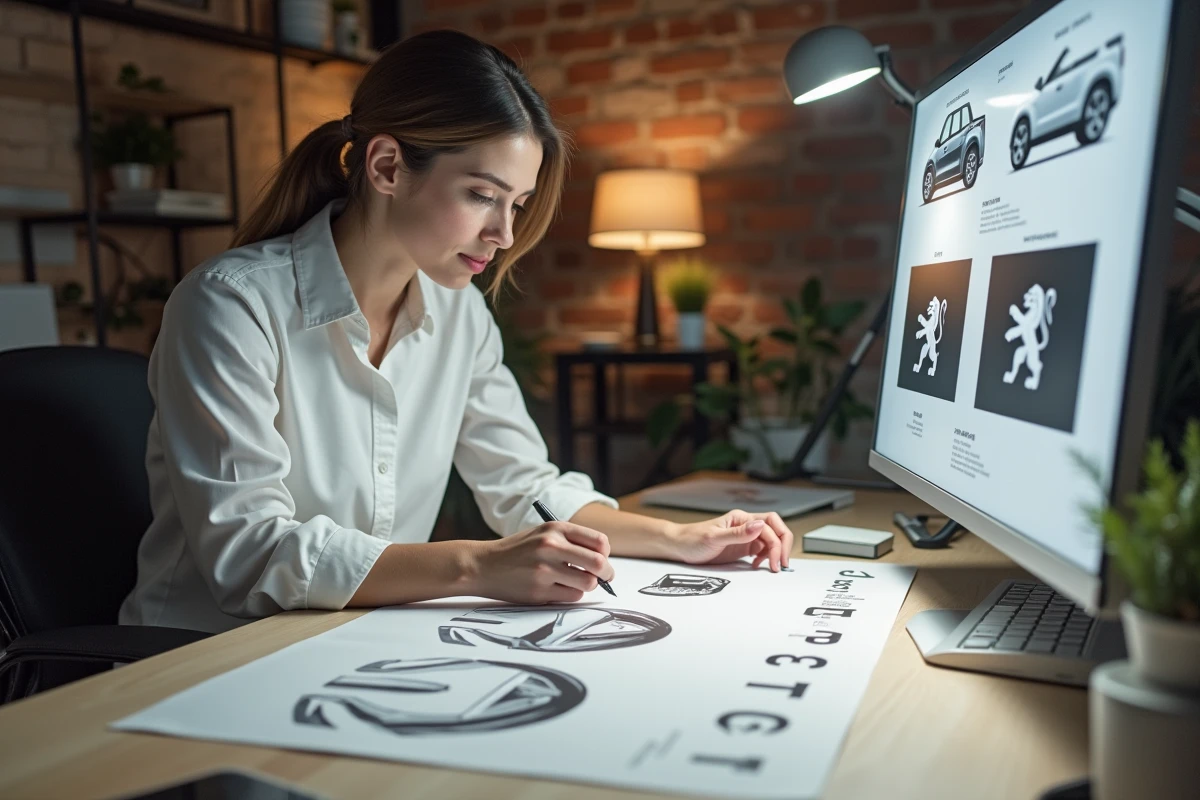 Designer graphique étudiant l'évolution historique du logo lion de Peugeot sur des planches imprimées dans un studio créatif, de l'emblème vintage au design contemporain minimaliste