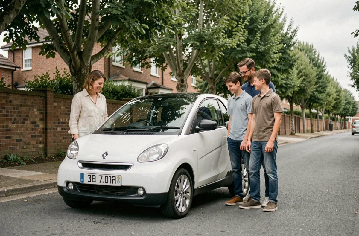 Famille avec parents et adolescents découvrant une Aixam 4 places dans une rue résidentielle arborée