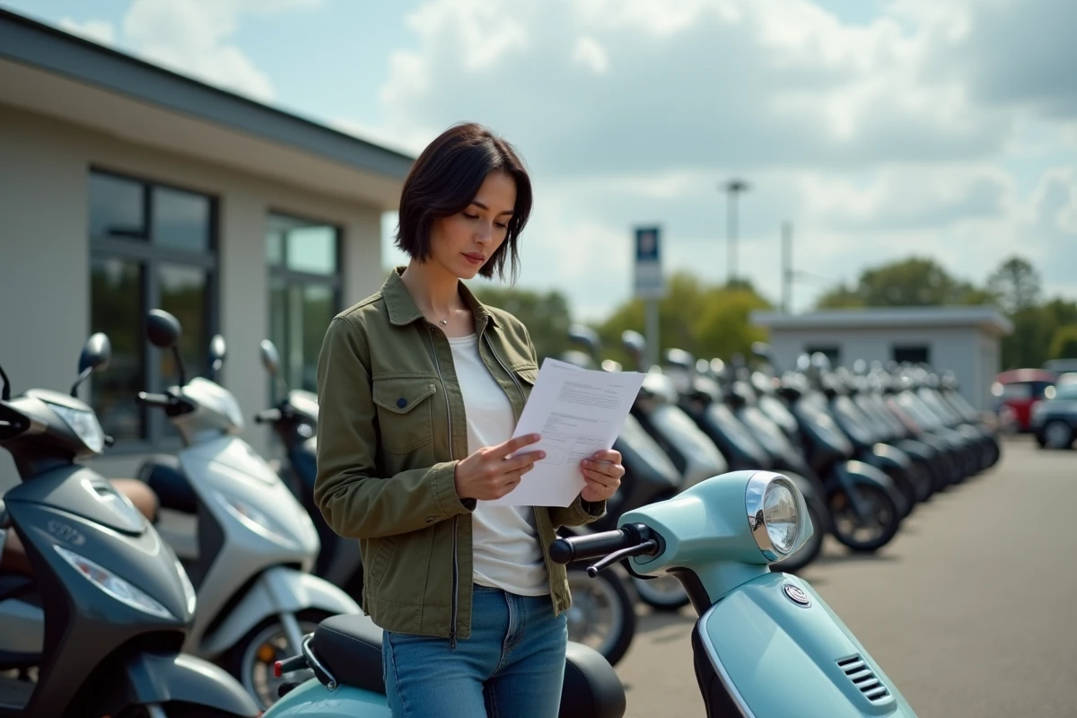 Femme examinant un scooter d'occasion dans un parc de motos avant achat