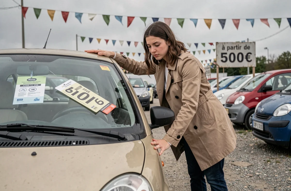 Femme examinant une voiture sans permis d'occasion dans un lot de revente avec étiquette de prix visible