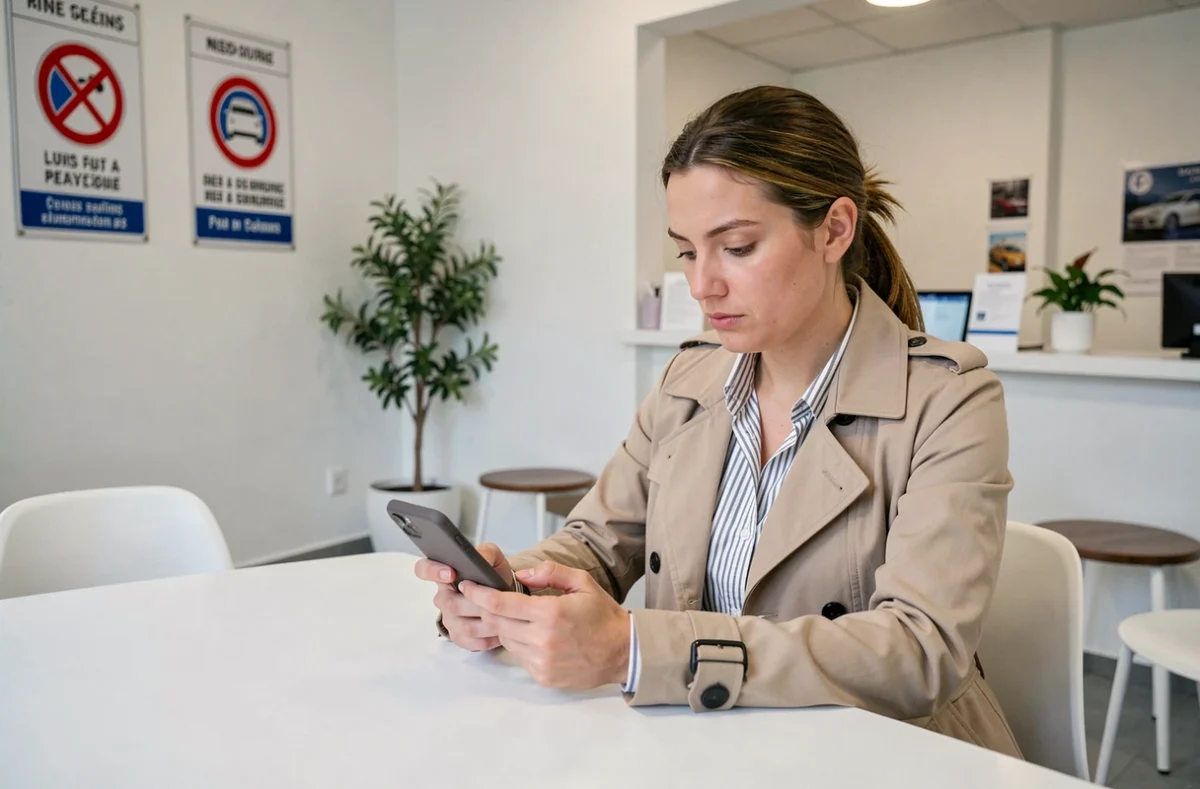 Jeune femme dans une salle d'attente d'auto-école révisant le code de la route sur une application mobile avant son examen