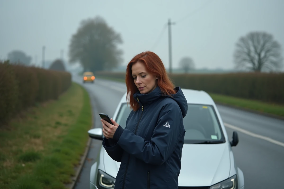 Femme arrêtée sur le bord de la route consultant son téléphone après l'allumage d'un voyant sur sa voiture
