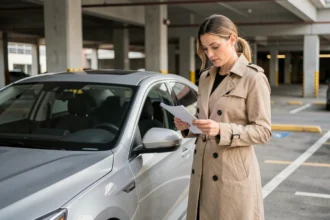 Femme consultant ses documents d'assurance auto tous risques à côté d'une berline moderne dans un parking urbain
