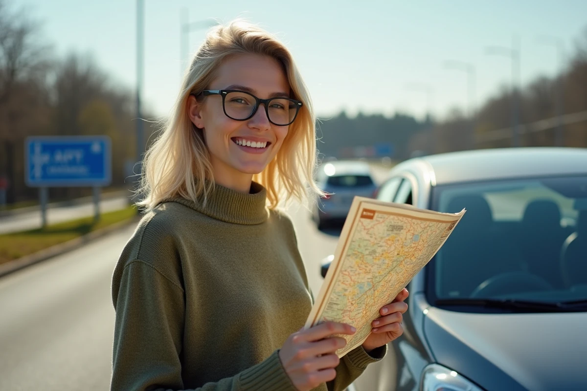 Jeune femme avec carte et GPS au bord de la route en France