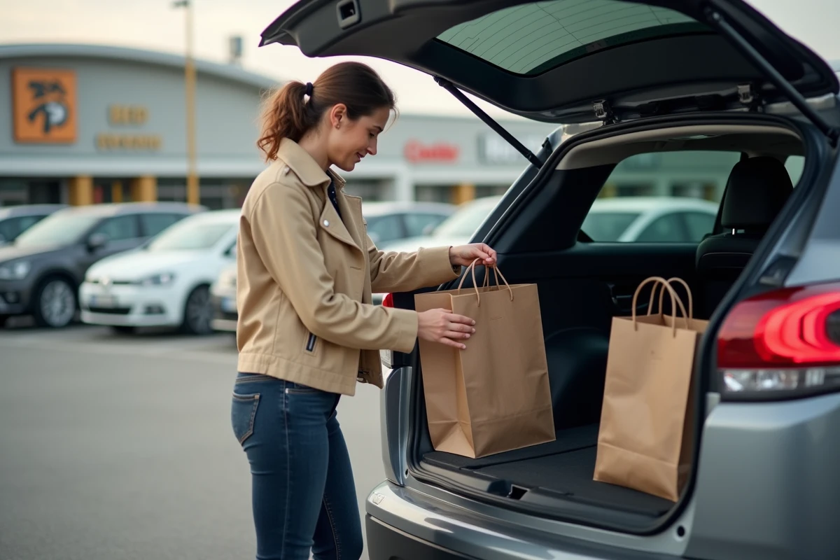 Femme rangeant des courses dans le coffre du Peugeot 3008 phase 2 sur un parking de supermarché