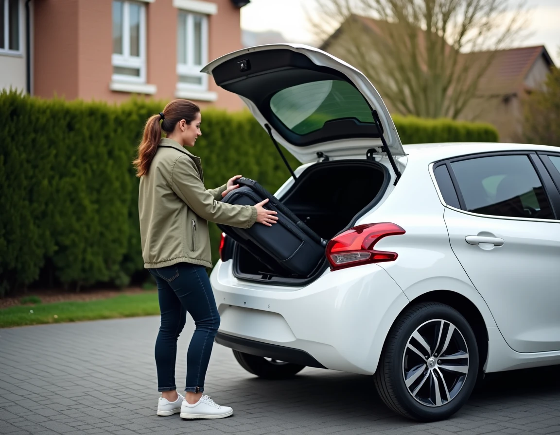 Femme chargeant une poussette dans le coffre d'une Peugeot 208 blanche dans une allée résidentielle
