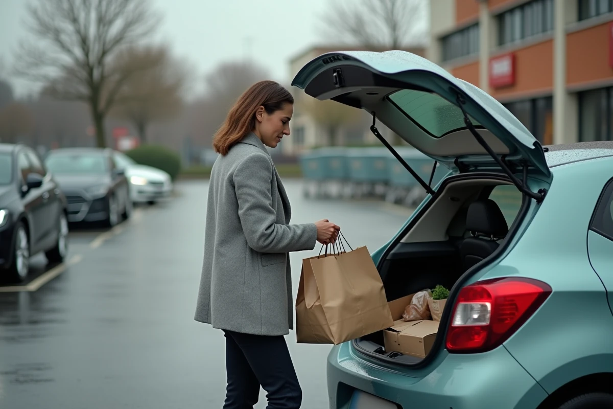 Femme chargeant ses courses dans le coffre de la voiture la plus vendue en France dans un parking de supermarché
