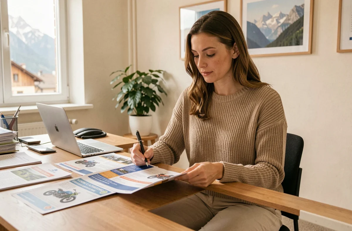 Femme comparant des brochures d'assurance moto dans une agence à Annecy
