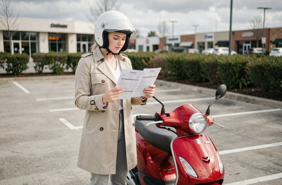 Jeune femme comparant des devis d'assurance scooter 50cc dans un parking suburban