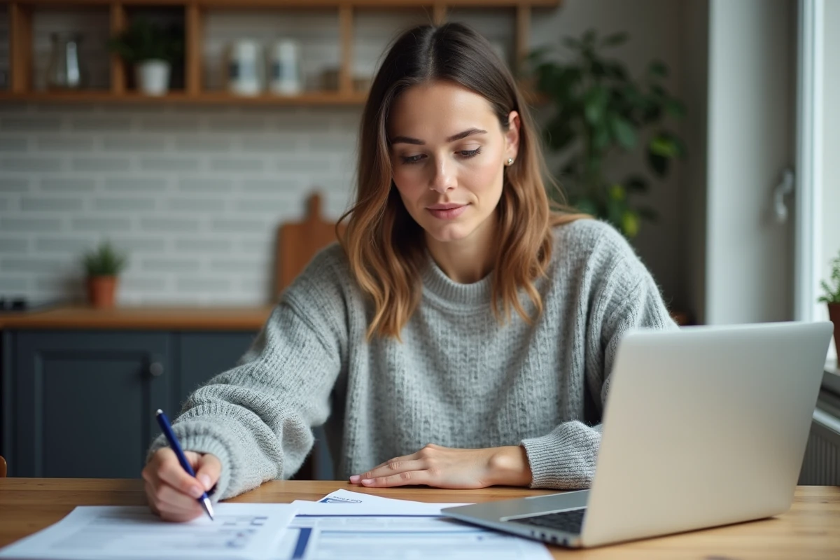 Femme comparant des offres d'assurance auto avec des documents et un ordinateur portable sur une table en bois