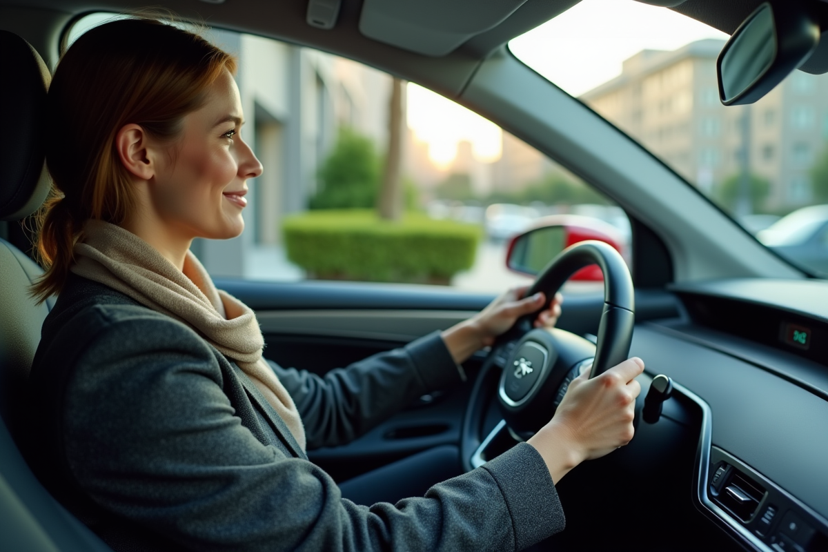 Femme souriante dans une voiture électrique en ville
