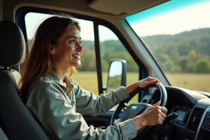 Femme au volant d'un van aménagé en pleine nature