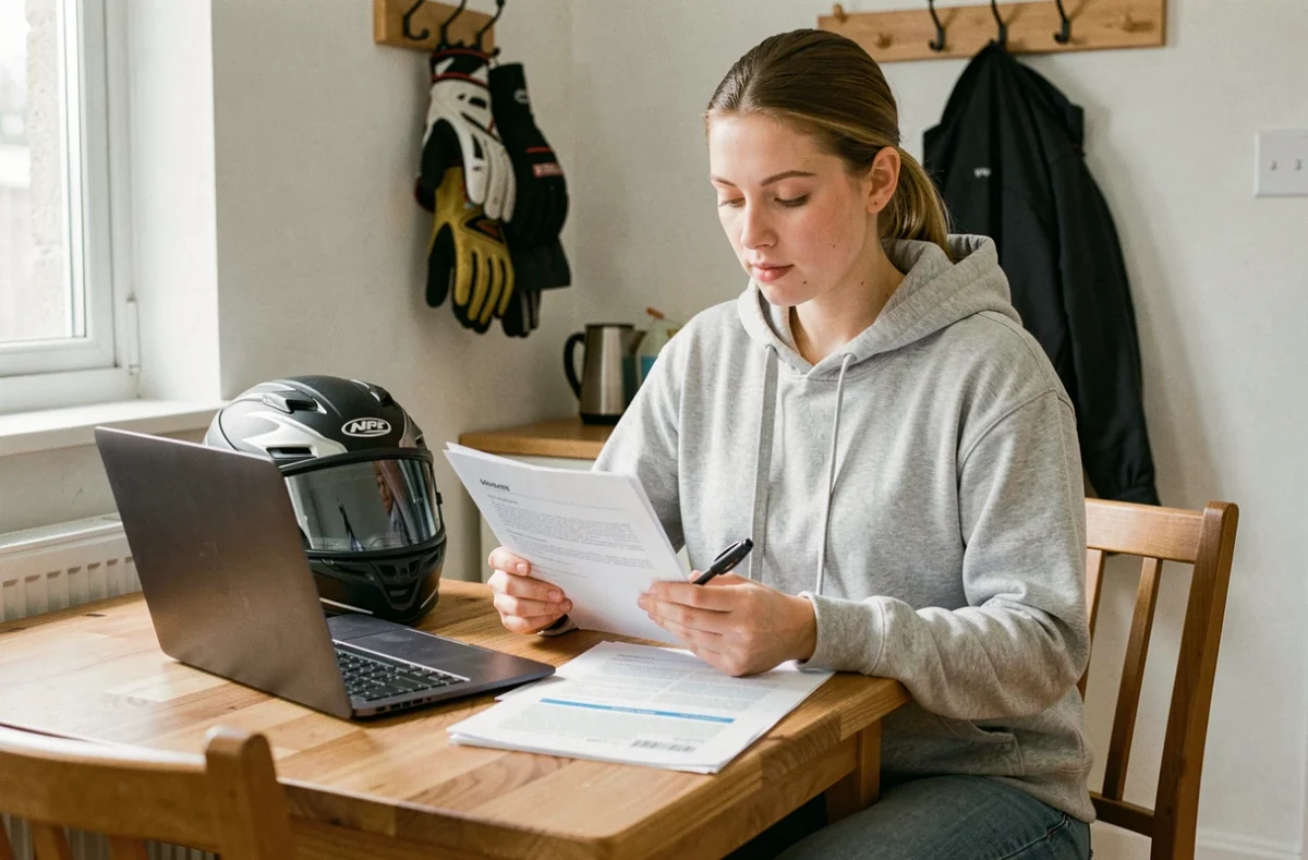 Jeune femme consultant des documents d'assurance moto cross à la maison avec casque posé sur la table