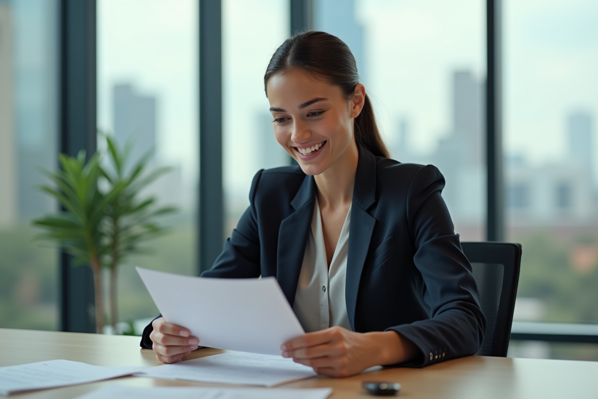 Femme souriante vérifie des documents de voiture au bureau