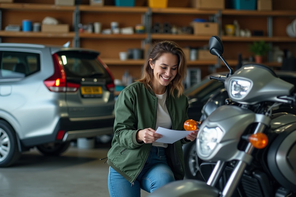 Femme vérifiant une moto Suzuki dans un garage pratique