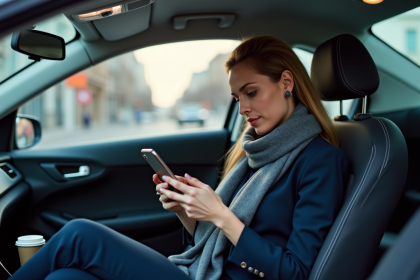 Jeune femme en voiture utilisant une appli de covoiturage