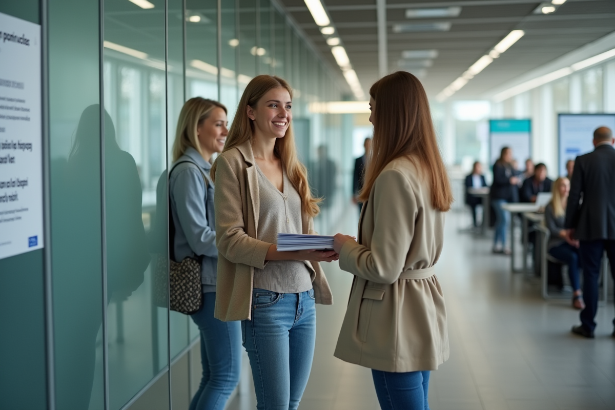 Jeune femme remettant des formulaires à un agent au guichet