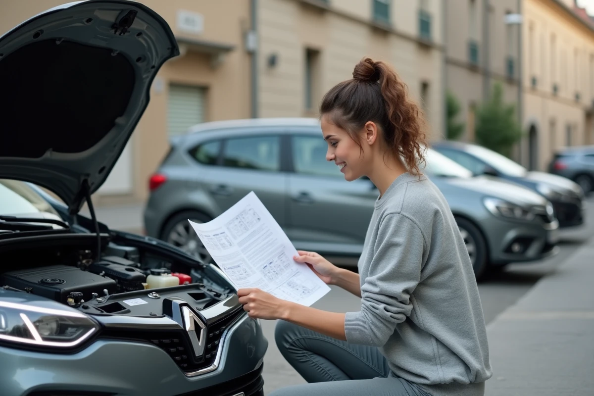 Femme étudiant un schéma moteur de Mégane 3
