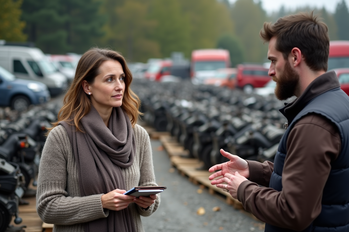 Femme discutant avec un mécanicien dans une casse auto