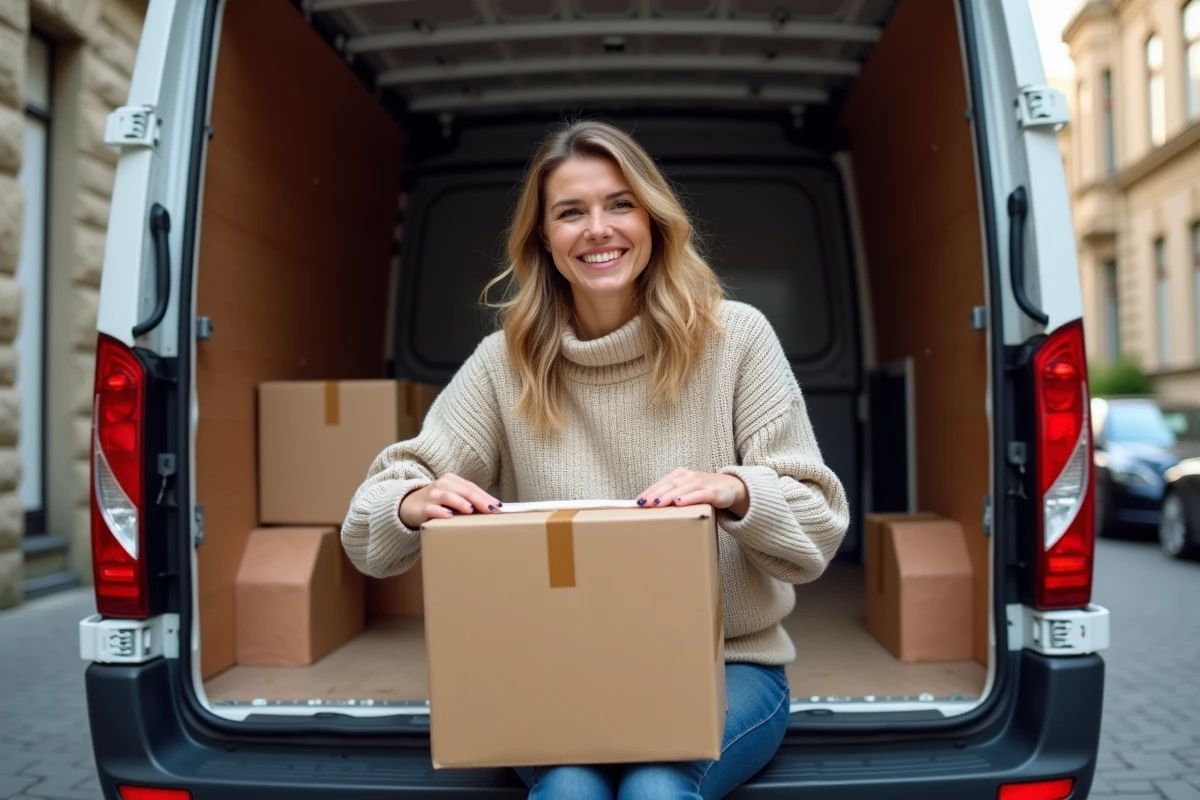 Femme souriante scellant une caisse dans un van urbain