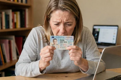 Femme examinant attentivement un numéro de formule illisible sur sa carte d'identité à son bureau à domicile