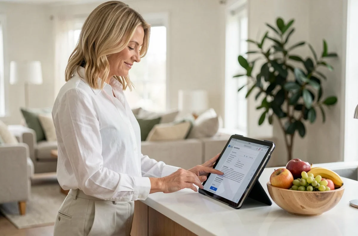 Femme finalisant la souscription d'une assurance auto en ligne sur une tablette dans son salon