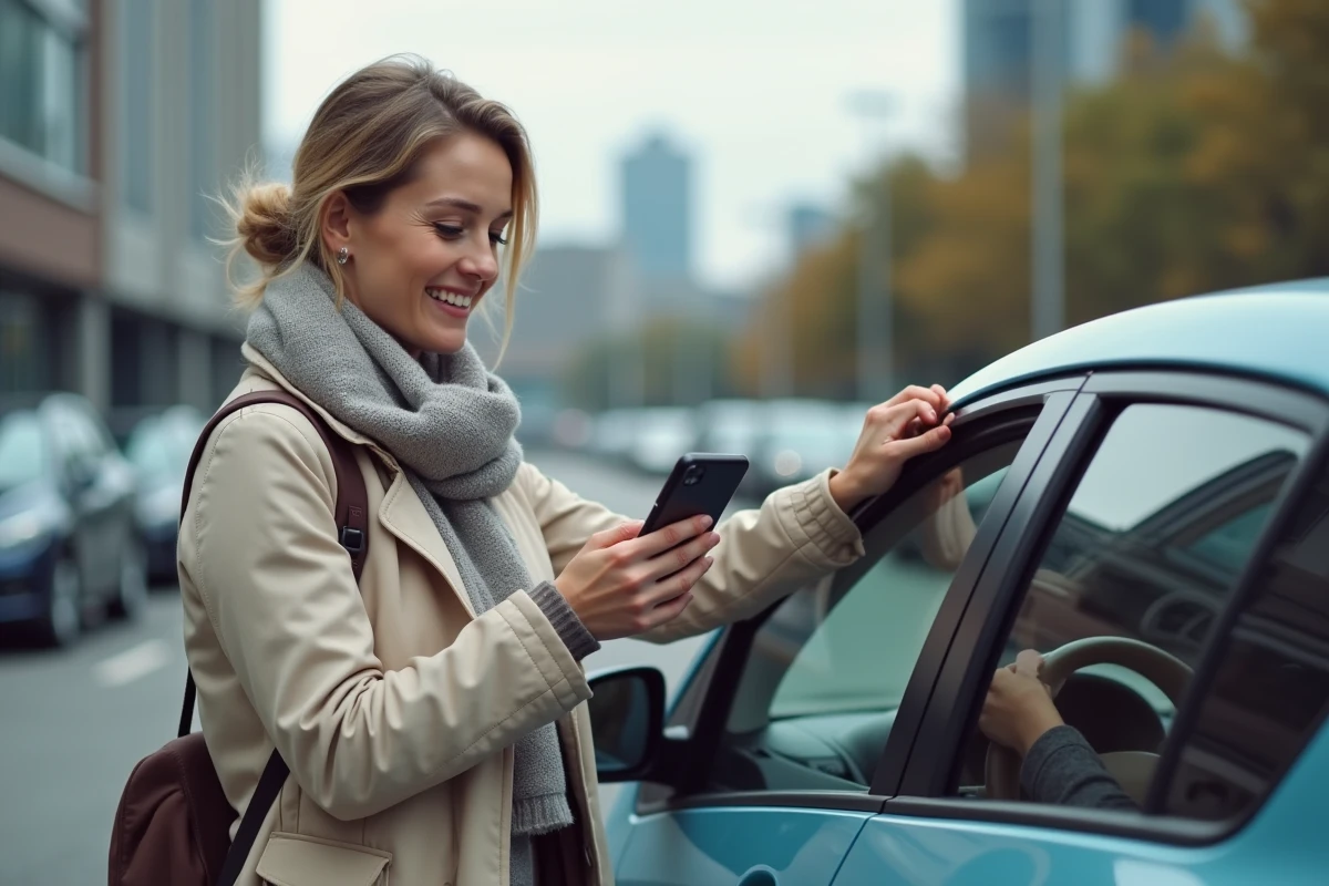 Femme souriante v&eacute;rifiant sa voiture dans un parking urbain