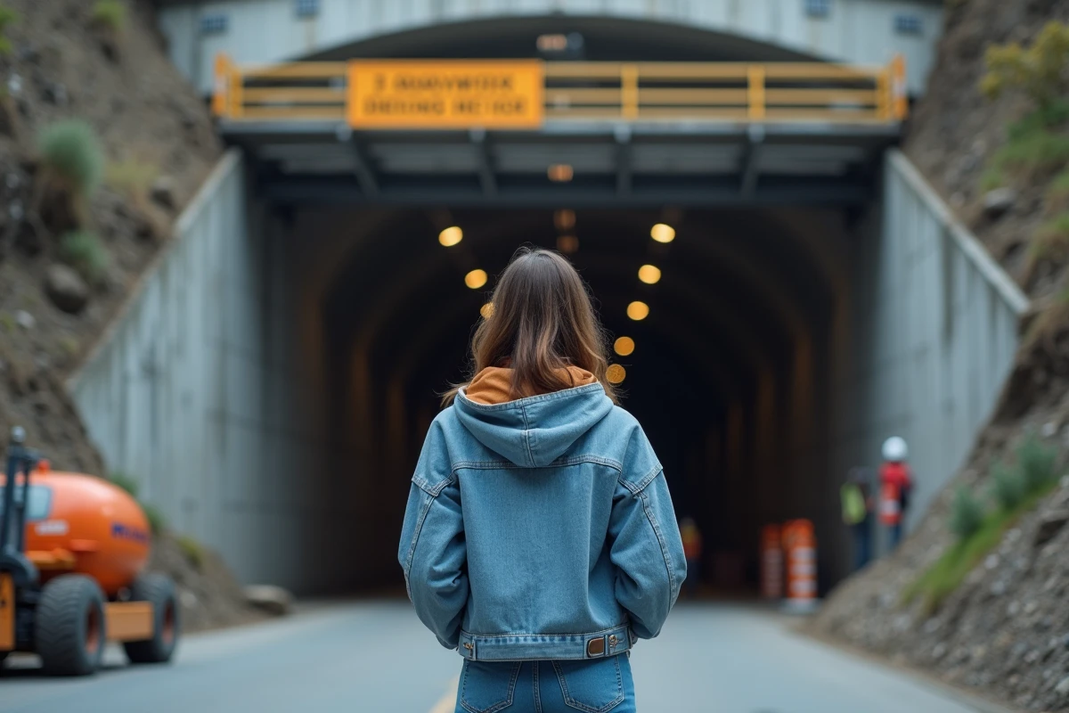 Jeune femme regardant un panneau de restriction de hauteur dans un tunnel en travaux