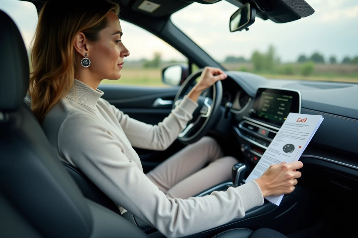 Femme lisant un manuel Eat8 dans l&rsquo;habitacle d&rsquo;une voiture