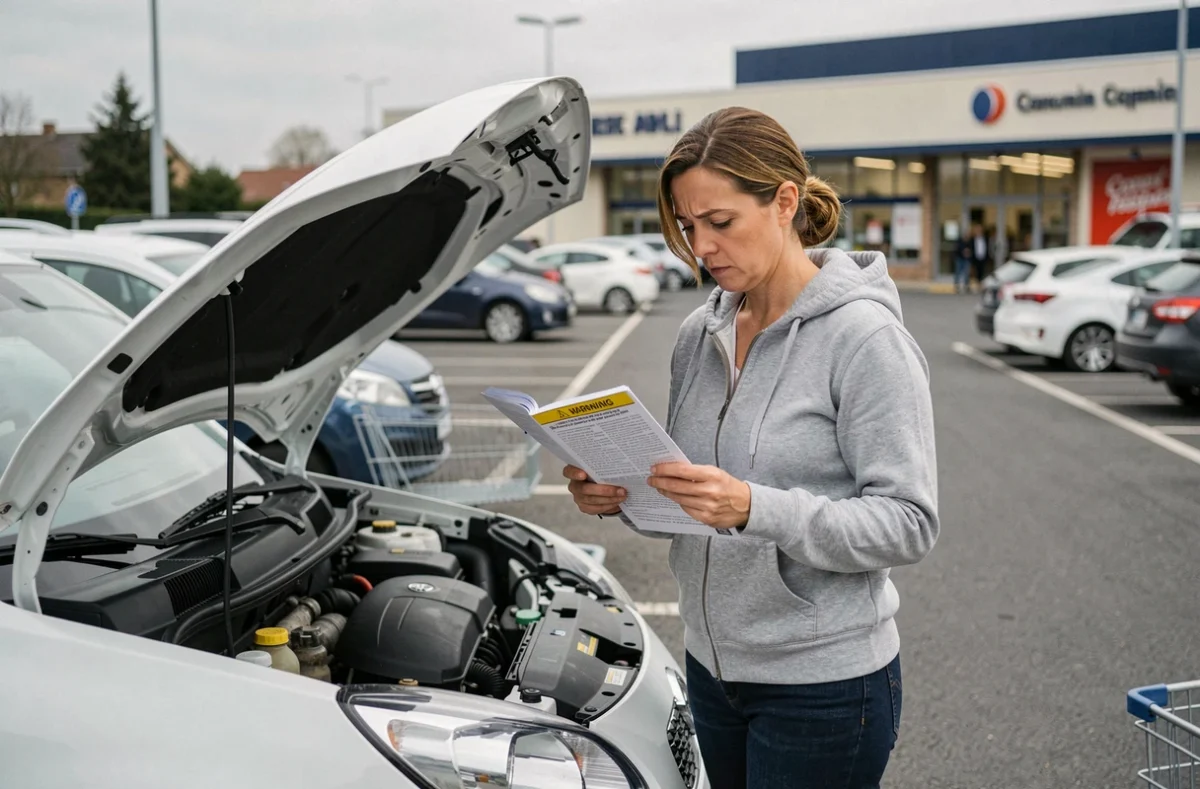 Femme consultant le manuel d'entretien de sa voiture dans un parking pour vérifier la fréquence de vidange d'huile