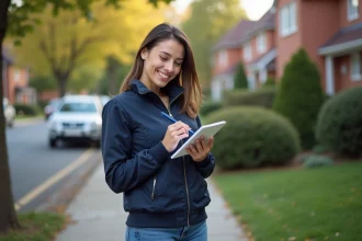 Femme souriante écrivant une conversion miles en km